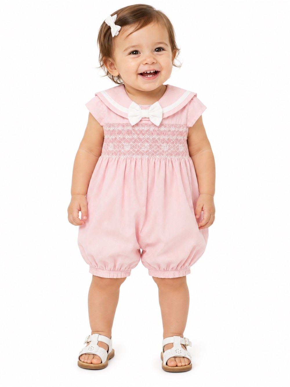 Toddler Pink Smocked Sailor Romper with Bow